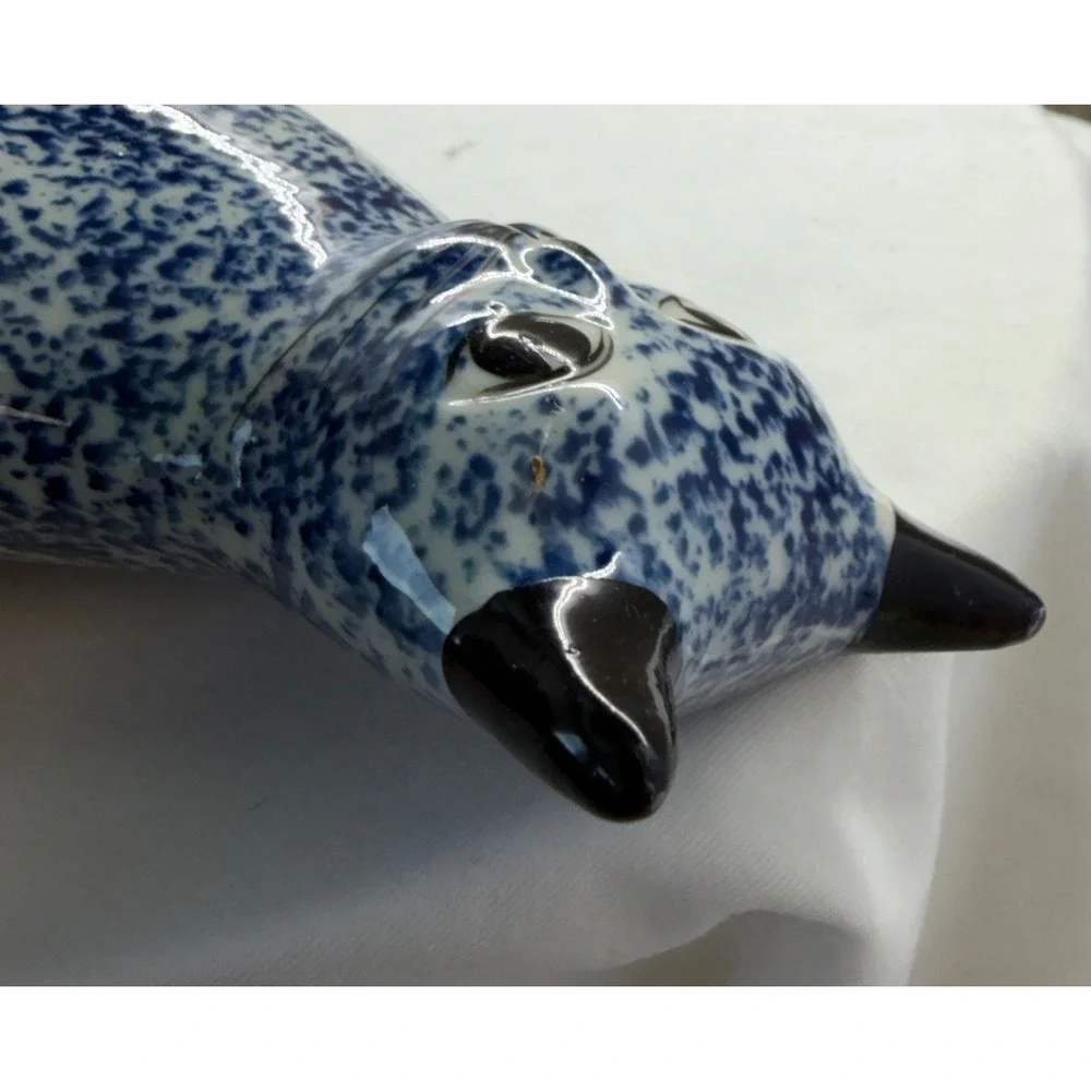 Enesco Cat Vintage Blue‎ White Spongeware Ceramic Figurine 9 Inch Folk Art